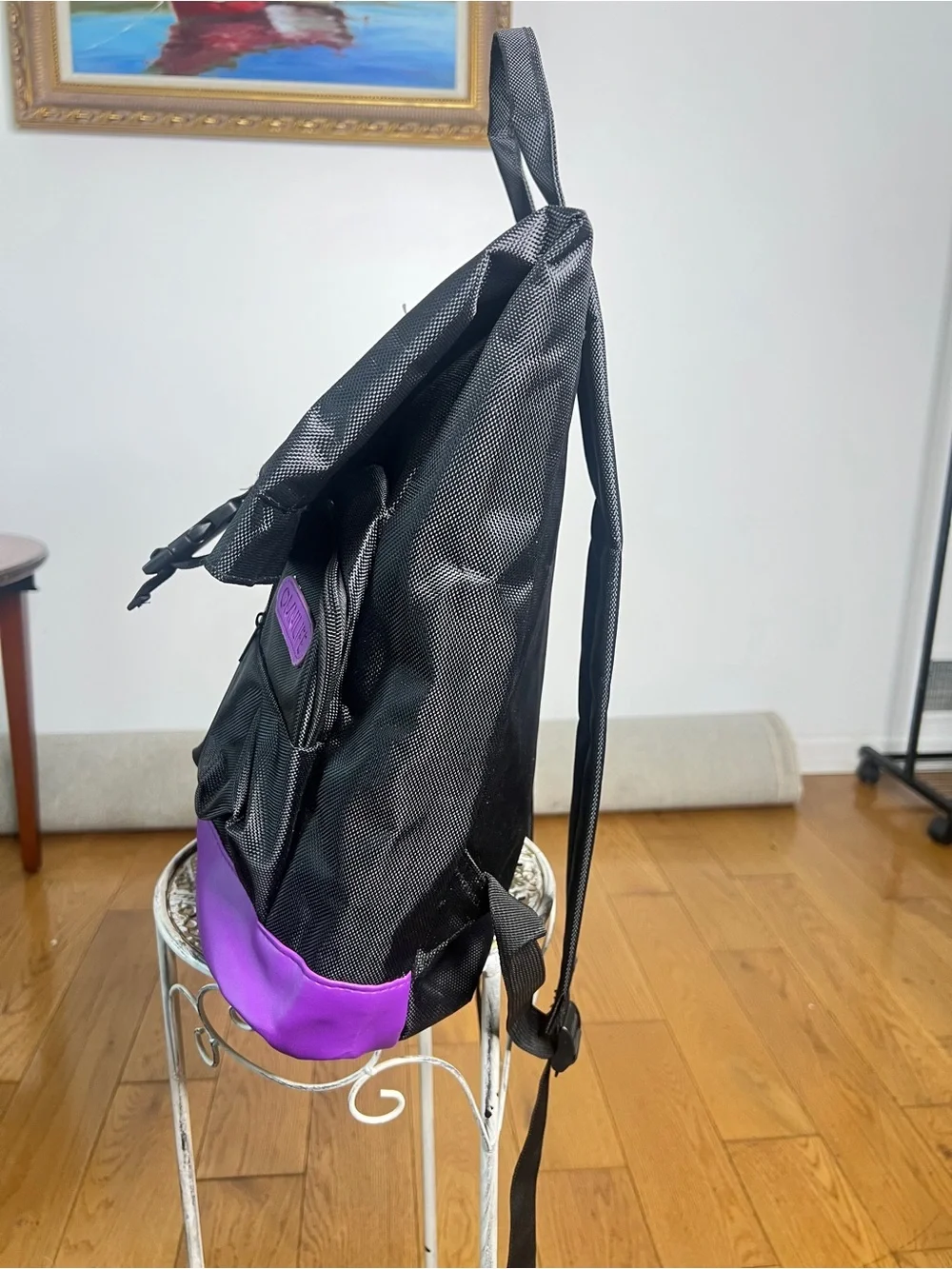 Black and Purple Roll-Top Backpack with Front Pockets